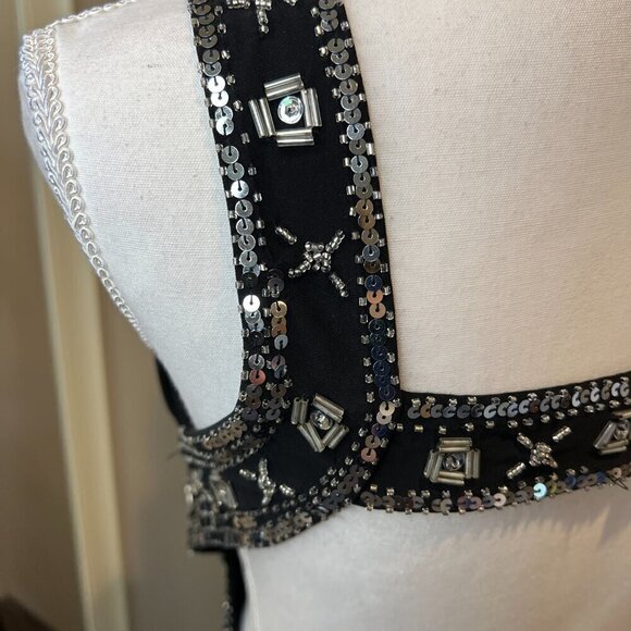 Betsy & Adam Black Sequined Front cross Cut Out Gown, Size 10 - Picture 14 of 16